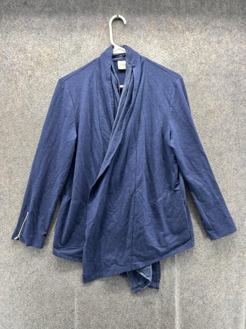 Zenergy By Chicos Jacket Womens 1 Blue Open Front Knit Zip Cuff Pockets Drape